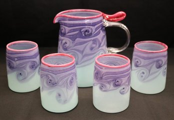 Hand Blown Glass Pitcher With Cups In Gorgeous Purple And Blue Tones Signed By Henry Levine