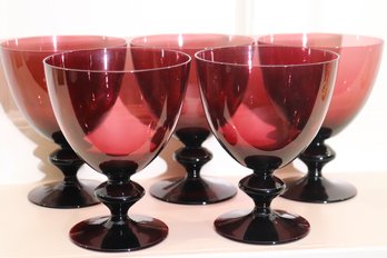 Set Of 5 Fine Cranberry/ Purplish Toned Water Glasses