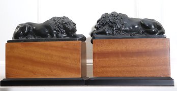 Pair Of Vintage Canova Bronze Sleeping Lion Bookends On Cherry Wood Base