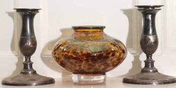 Hand Blown Amber/ Brown Toned Tortoise Style Art Glass Vase And Silver- Plated Candlesticks
