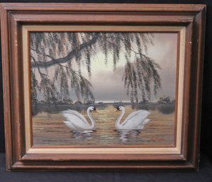 Vintage Swan Couple At Sunset Painting Signed By The Artist