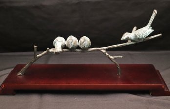 Birds Perched On A Branch Metallic Sculpture On Wood Stand