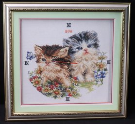 Vintage Sweet Kittens Needlepoint Clock In Frame