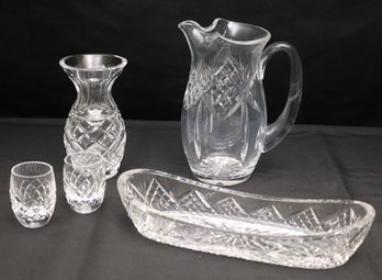 Waterford Candy Tray, Vase, Cordial/ Shot Glasses And A Pitcher But Couldn't Find Waterford Mark