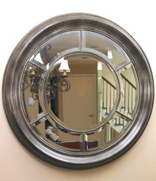 Large Round Modernist Style Wall Mirror With Wood Frame &amp Beveled Mirror Panels