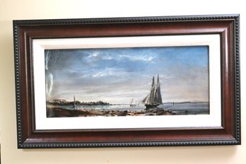Antique 19th Century Oil Painting Of Sailboats By Robert C Leslie