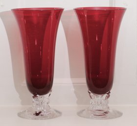 Pair Of Gorgeous Ruby Red Toned Hand- Blown Footed Glass Vases