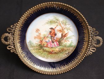 Vintage Porcelain/bronze Portrait Plate Signed By Angeli Made In France On Pedestal