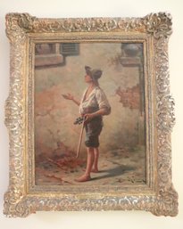 Antique 19th Century Oil Painting Of Young Boy With Violin Signed F.L. Fleury