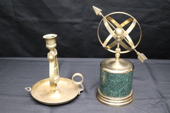 Vintage Nautical Swivel Brass Candle Holder And Brass Armillary Sphere By Decorative Imports