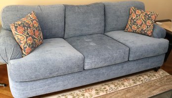 English Style Roll Arm Sofa In Textured Blue Velvet Fabric &amp Wooden Feet