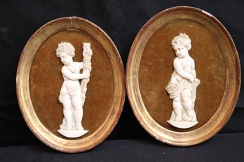 Vintage/antique Carved Bone Bas-relief Portraits Of Young Children In Frame With A Velvet Backdrop - France