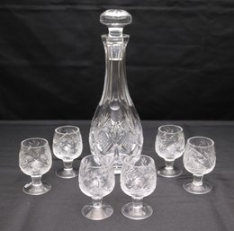 Waterford Crystal Decanter And Set Of 6 Etched Cordial Crystal/ Glass Cordial/ Shot Glasses