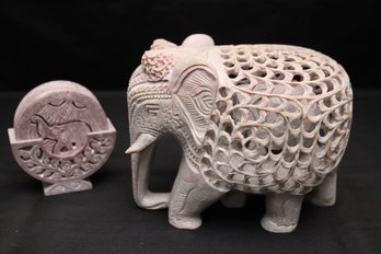 Highly Hand Carved Natural Marble Elephant With Baby, Includes Carved Soapstone Coaster Set