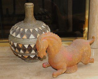 Decorative Ethnic Style Vase With Bone Inlay &amp Ceramic Horse With Textured Finish.