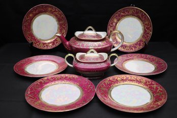 Vintage Hand Painted Japanese Lusterware Includes 6 Plates, Tea Pot And Sugar Dish