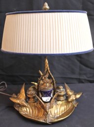 Vintage Brass Inkwell Lamp Conversion With Bird, Dragonfly And Foliage Accents, Acorn Finial -Pleated Shade