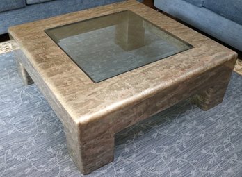 Mid-century Style Drip Lacquered Square Coffee Table With Beveled Glass Center.