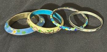 Three Enamel Cloisonn Bangle Bracelet And 1 Abalone.