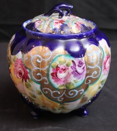 Pretty Cobalt Hand Painted Floral Biscuit/cracker With Lid, Partial Stamp On The Bottom