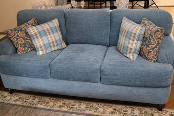 English Style Roll Arm Loveseat In Textured Blue Velvet Fabric &amp Wooden Feet