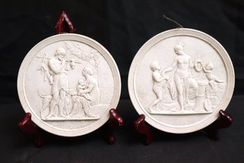 Royal Copenhagen Denmark Four Seasons Round Porcelain Bisque Embossed Wall Plaques
