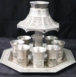Nickel Plated Judaica 8 Cup Wine Divider With Main Kiddush Cup And 8 Small Kiddush Cups By Art Judaica.