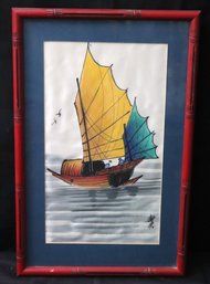 Vintage Traditional Asian Junk Boat Painting On Fabric In Carved Bamboo Style Wood Frame
