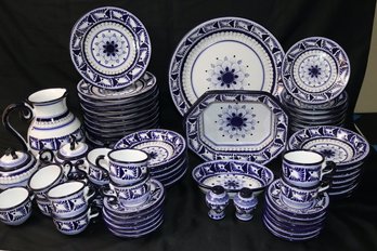 Large Set Of Blue And  White Hand Painted Ceramic Dinnerware By Hernandez Mexico.