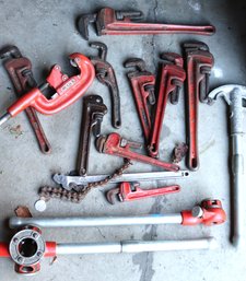 Rigid Plumbing Tools As Pictured Including Wrenches, Pipe Cutter No 1-2, Bender And Threaders