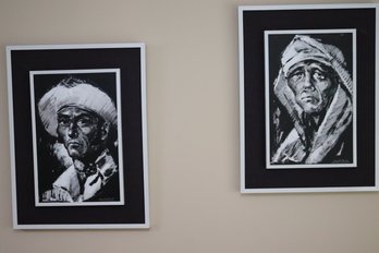 Two Vintage Pen &  Ink Drawings Of Handsome Field Workers In Black & White Signed Martin Ocana.