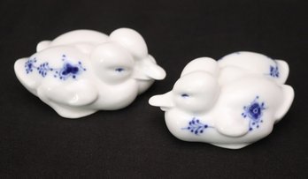 Pair Of Royal Copenhagen Hand Painted Blue Fluted Porcelain Ducklings.