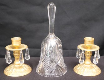 Lot Of Hand Cut Brierglass Lead Crystal Dinner Bell And Candleholders