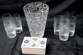 Modern Crystal Vase With Abstract Design 6 Finnish Glasses &amp Inlaid Marble Box With Semi-precious Stones