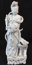 Antique Chinese Dehua Porcelain Sculpture Of Guanyin With Mythical Beast