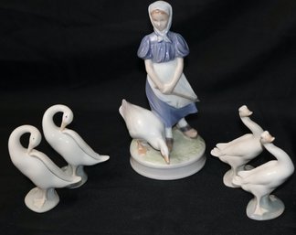 Royal Copenhagen Goose Girl &amp 4 Lladro Geese