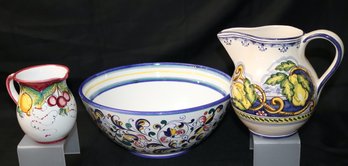 Lot Of 3 Italian Hand Painted Pottery Pieces With Large Bowl & 2 Pitchers
