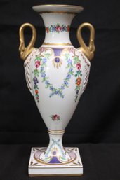 Vintage Porcelain Dresden Vase Featuring Intricate Hand Painted Design With Gilded Accents