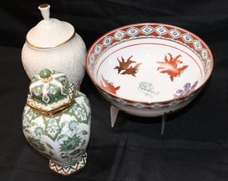 Decorative Asian Bowl For Lord &amp Taylor, Lenox Covered Jar &amp Hand Painted Urn.