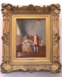 Antique Oil On Wood Painting Of 18th C. Style Interior W Amorous French Couple - Signed