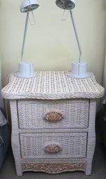 Summery Wicker Nightstand With Carved Wood Handles &amp Pair Of White Adjustable Lamps