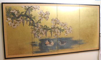 Four Panel Gold Leaf Japanese Wall Screen With Hand Painted Scenes