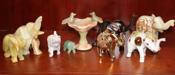 Lot Of Miniature Elephant Figurines In Onyx, Wood &amp Porcelain &amp Onyx Bird Bath