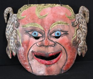 Vintage Mexican Folk Art Hand-Painted Metal Mask Wall Art
