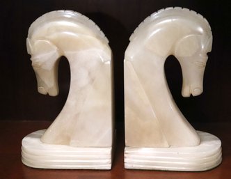 Pair Of White Onyx Horse Head Bookends