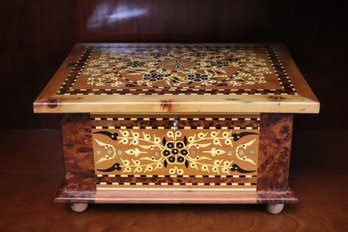 Vintage Inlaid Wood Jewelry Box With Key