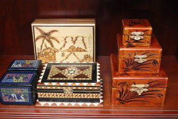 Lot Of 7 Decorative Boxes With Inlaid Box, Lacquered And Carved Wood Designs