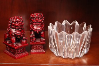Pair Resin Foo Dogs & Orrefors Crystal Bowl