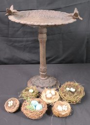 Cute Petite Cast Iron Bird Bath W Hummingbird Accents Includes Assortment Of Decorative Nest With Painted Eggs