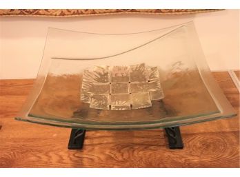 Decorative Art Glass Dish On Metal Stand